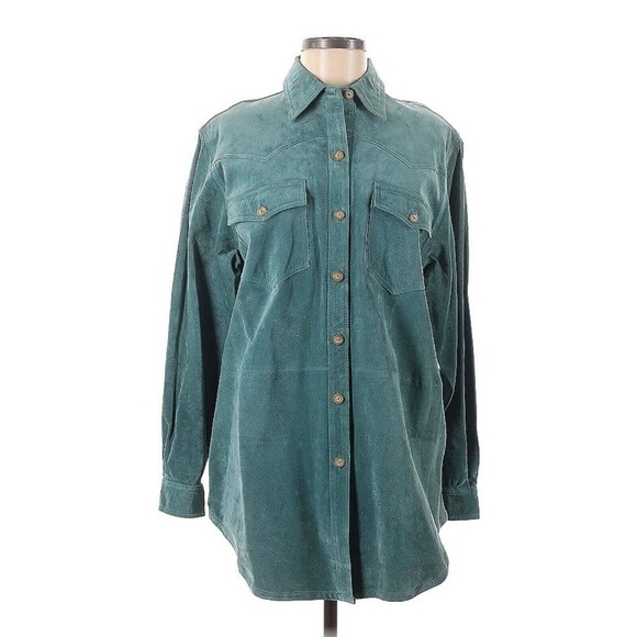Ralph Lauren Leather Shirt Jacket Green M Long Sleeve Button Down Collared - Picture 1 of 4